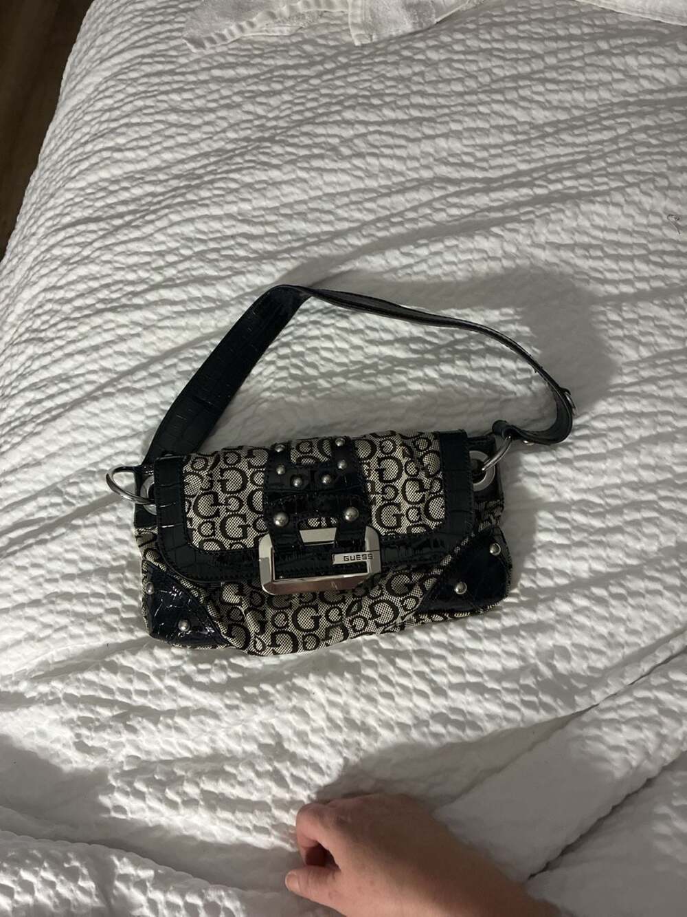Guess Monogram Shoulder Bag Black Canvas Croc Trim